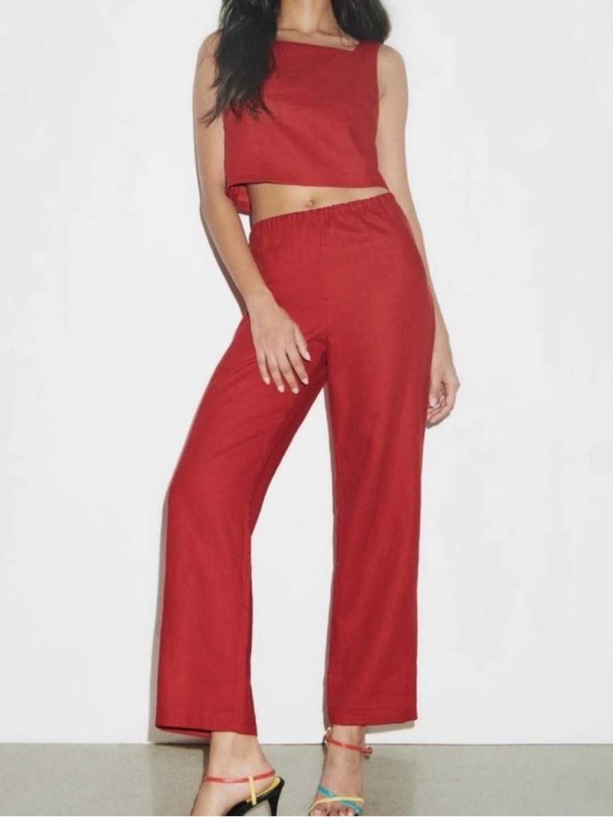 Reformation Lila Red Linen Wide-Leg Crop Pants